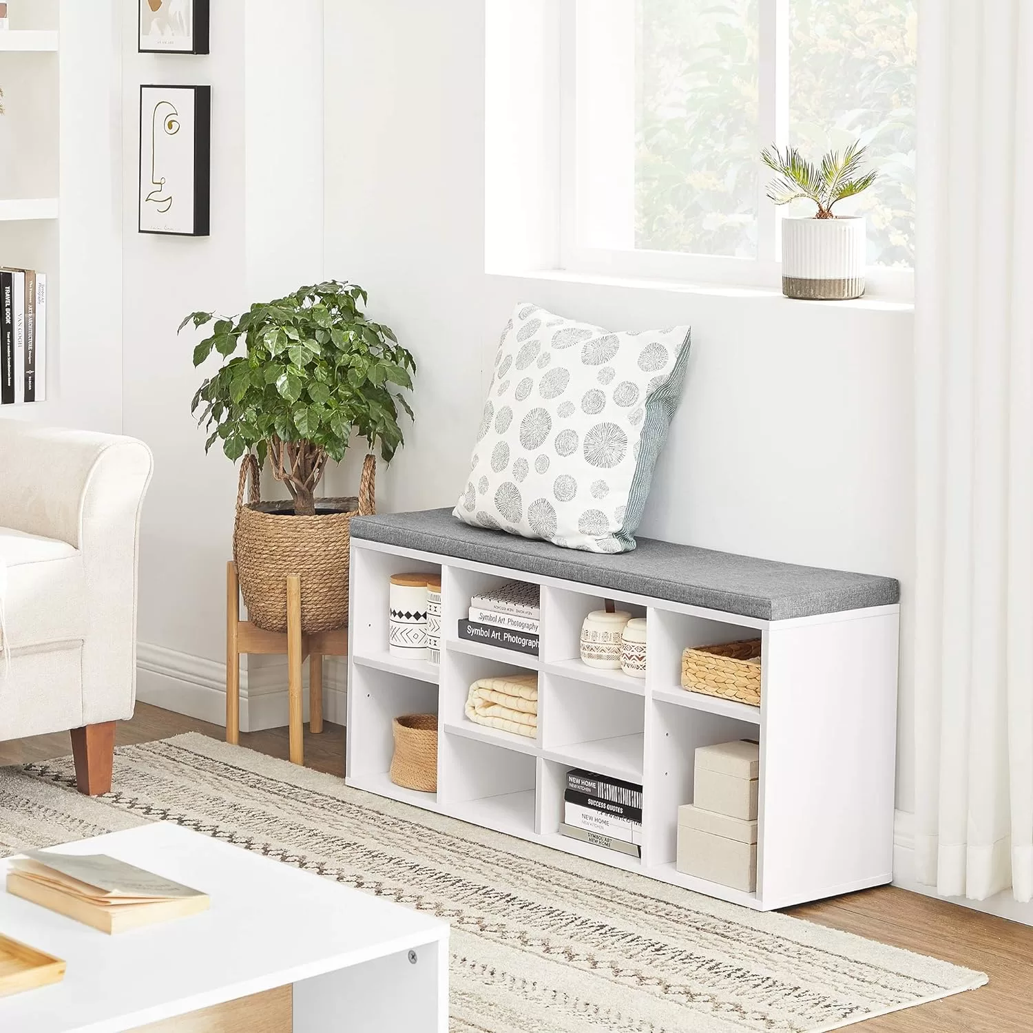 VASAGLE Shoe Bench with Cushion, Storage Bench with Padded Seat, Entryway Bench, White and Gray ULHS10WT
