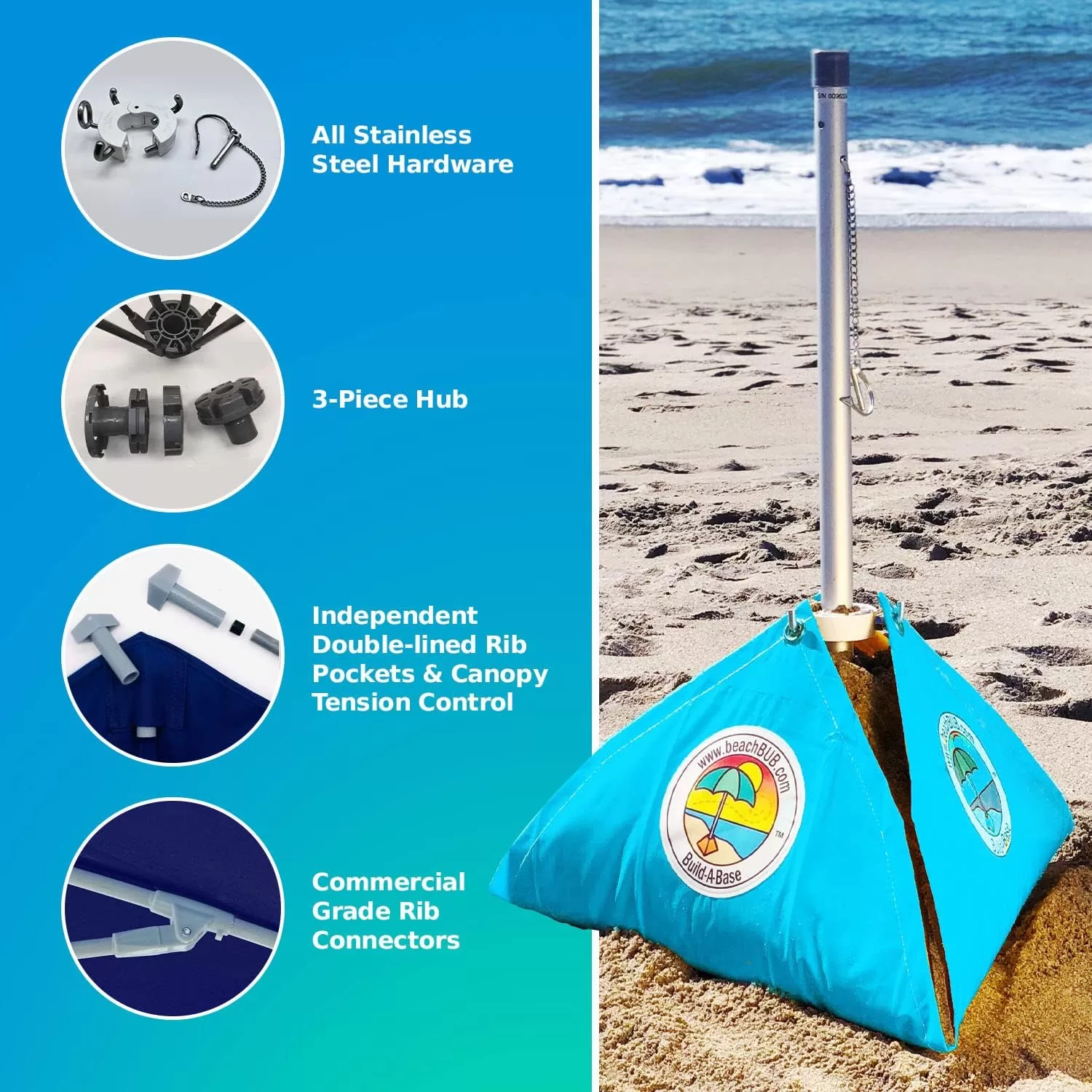 BEACHBUB All-In-One Beach Umbrella System. Includes 7.5 foot (50+ UPF) Umbrella, Oversize Bag, Base & Accessory Kit
