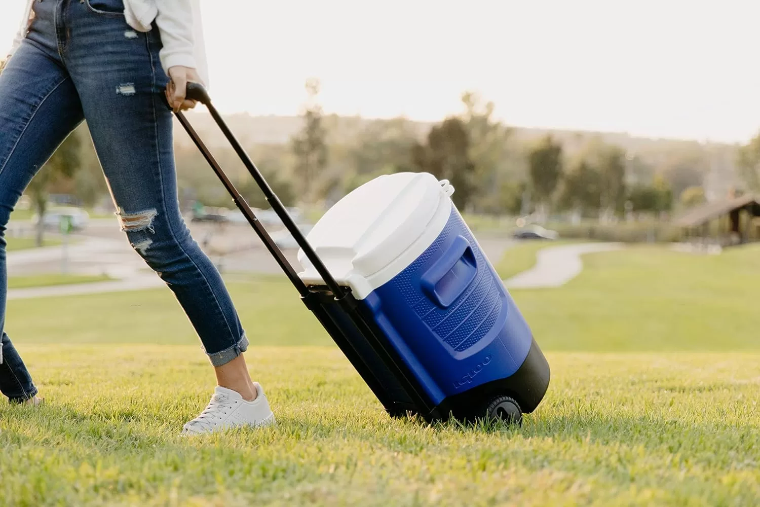 Igloo 5 Gallon Wheeled Portable Sports Cooler Water Beverage Dispenser with Flat Seat Lid, Blue