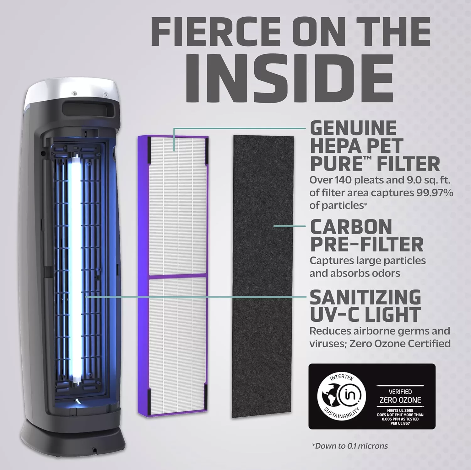 GermGuardian Air Purifier with HEPA 13 Pet Filter, Removes 99.97% of Pollutants, 28", Gray, AC5250PT