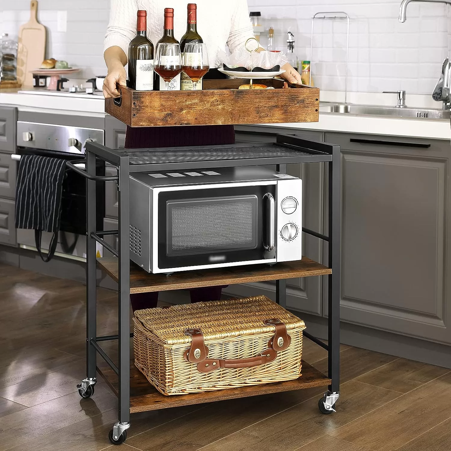 VASAGLE Industrial Bar Cart for The Home, Serving Cart with Wheels and Handle, Rustic Brown and Black ULRC72X