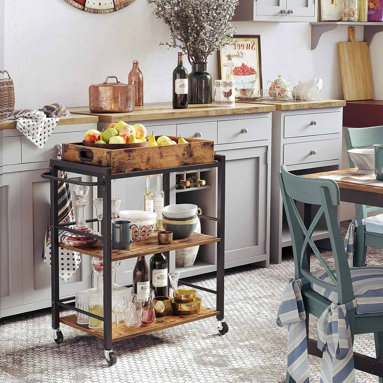 VASAGLE Industrial Bar Cart for The Home, Serving Cart with Wheels and Handle, Rustic Brown and Black ULRC72X
