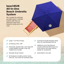 BEACHBUB All-In-One Beach Umbrella System. Includes 7.5 foot (50+ UPF) Umbrella, Oversize Bag, Base & Accessory Kit
