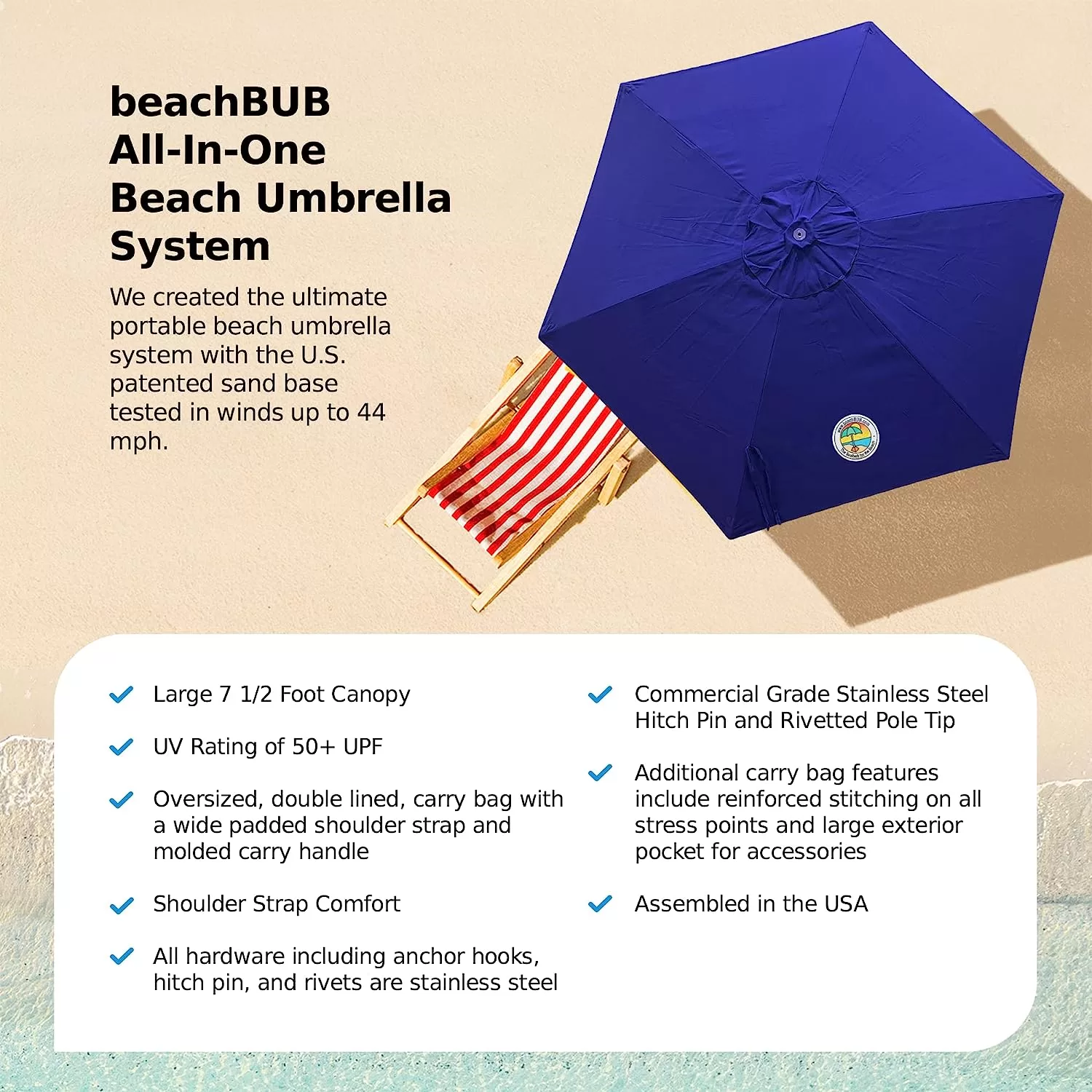 BEACHBUB All-In-One Beach Umbrella System. Includes 7.5 foot (50+ UPF) Umbrella, Oversize Bag, Base & Accessory Kit