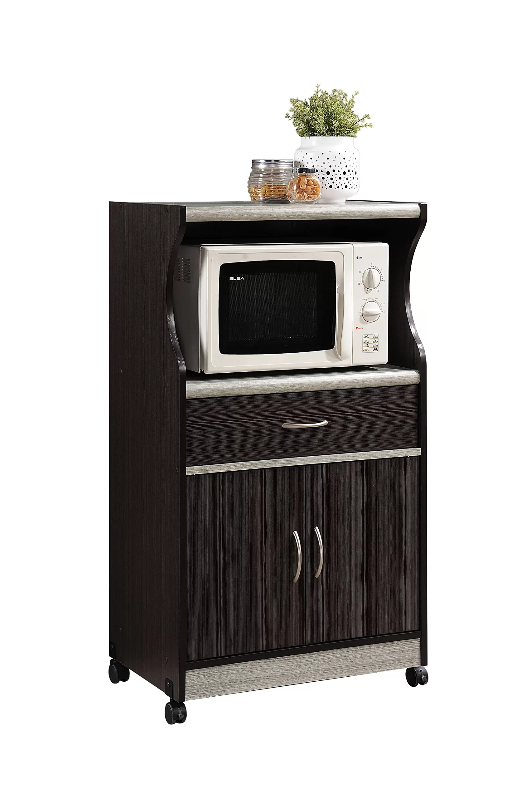 Hodedah Microwave Cart with One Drawer, Two Doors, and Shelf for Storage, Chocolate Grey