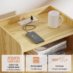 SUPERJARE Nightstands Set of 2, Night Stands with Charging Station & PE Rattan Decor Drawer - Natural