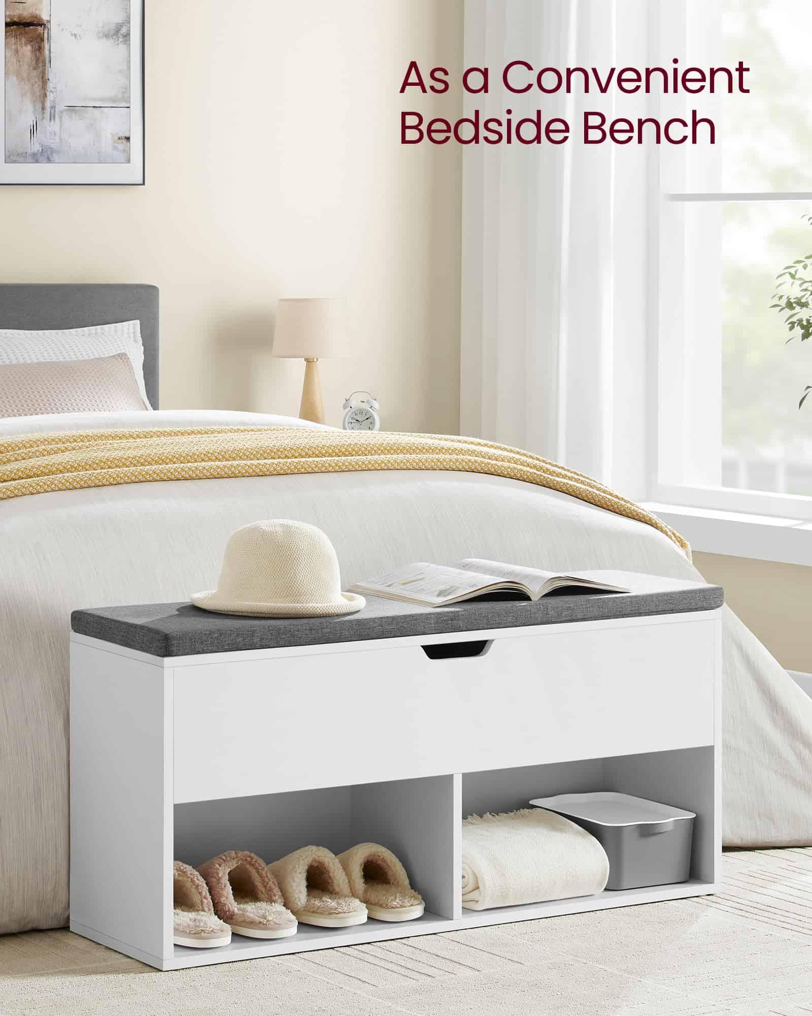 VASAGLE Shoe Bench, Storage Bench with 2 Open and 1 Closed Compartments, White and Gray ULHS021W01 - Image 4