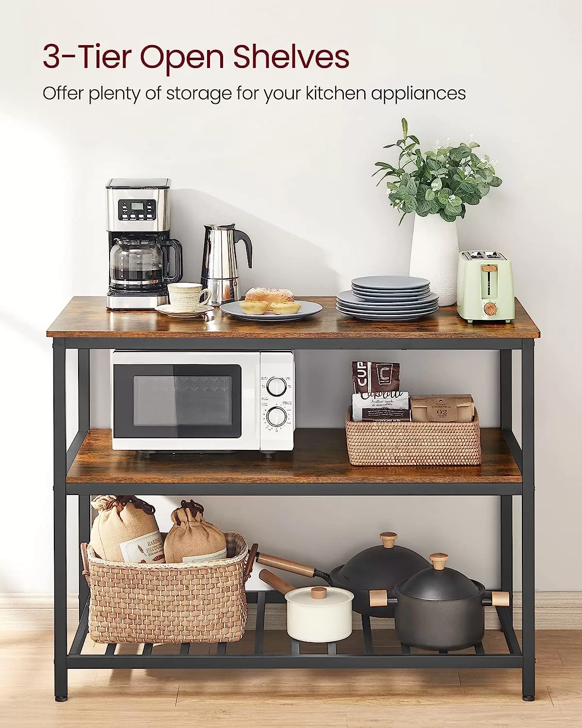 VASAGLE Kitchen Island with 3 Shelves, 47.2 Inches Kitchen Shelf with Large Worktop, Rustic Brown and Black UKKI01BX