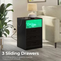 Seventable Nightstand with Wireless Charging Station and LED Lights, Black