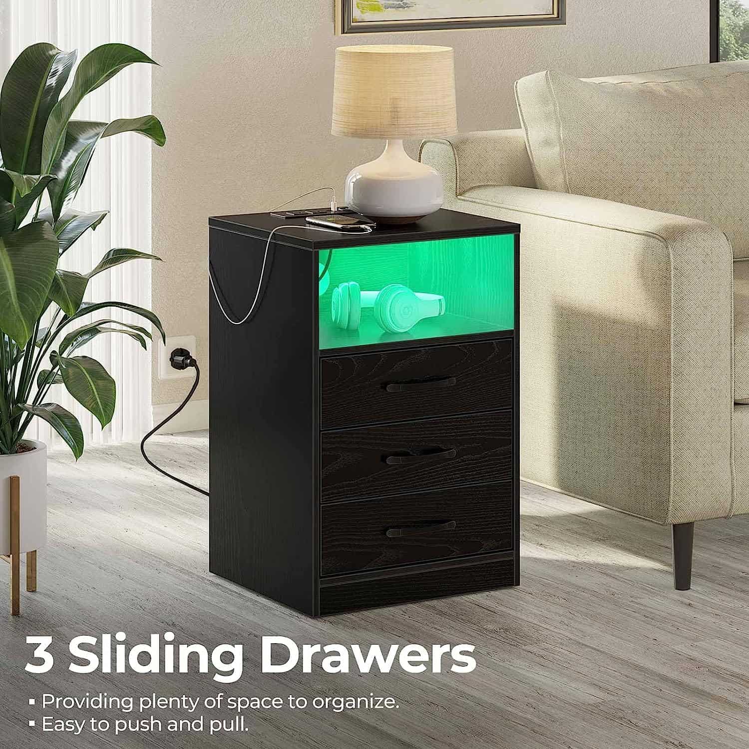 Seventable Nightstand with Wireless Charging Station and LED Lights, Black