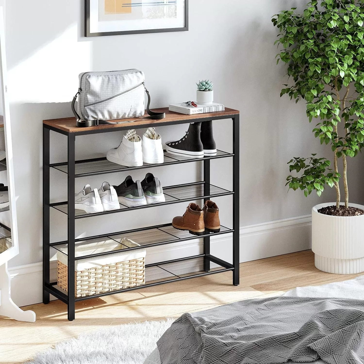 VASAGLE INDESTIC Shoe Rack, Shoe Organizer for Closet with 4 Mesh Shelves and Large Top for Bags ULBS015B03