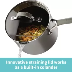 Circulon 84567 3-Qt.Covered Straining Pour Spouts Hard Anodized Aluminum Saucepan, 3 quart, Oyster Gray