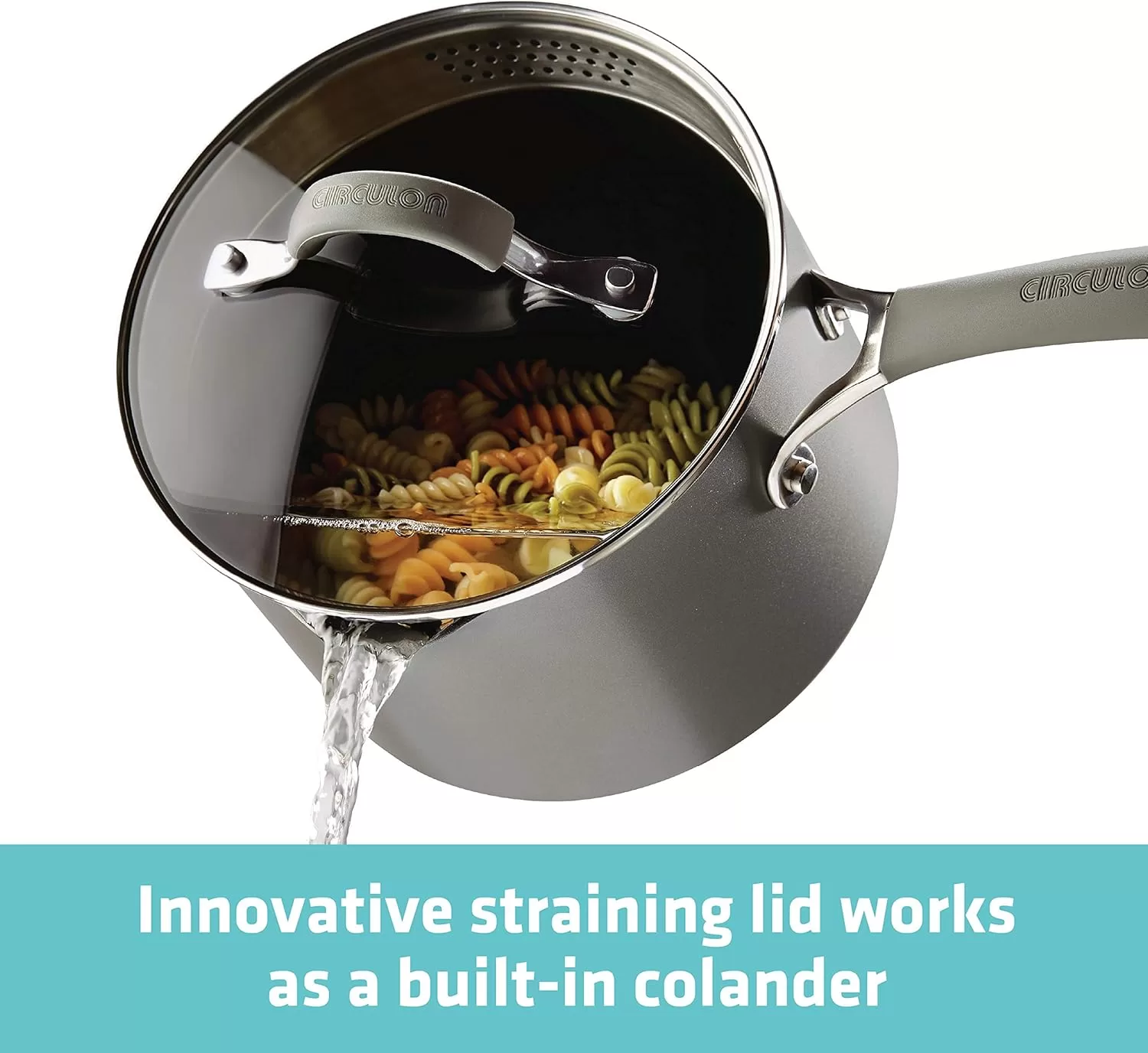 Circulon 84567 3-Qt.Covered Straining Pour Spouts Hard Anodized Aluminum Saucepan, 3 quart, Oyster Gray