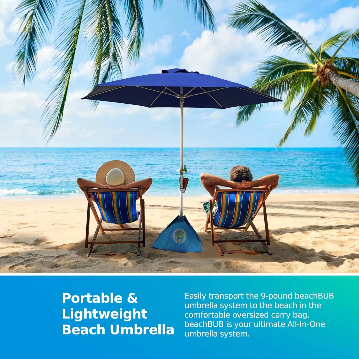 BEACHBUB All-In-One Beach Umbrella System. Includes 7.5 foot (50+ UPF) Umbrella, Oversize Bag, Base & Accessory Kit