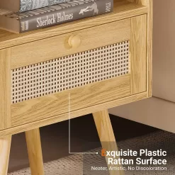 SUPERJARE Nightstands Set of 2, Night Stands with Charging Station & PE Rattan Decor Drawer - Natural