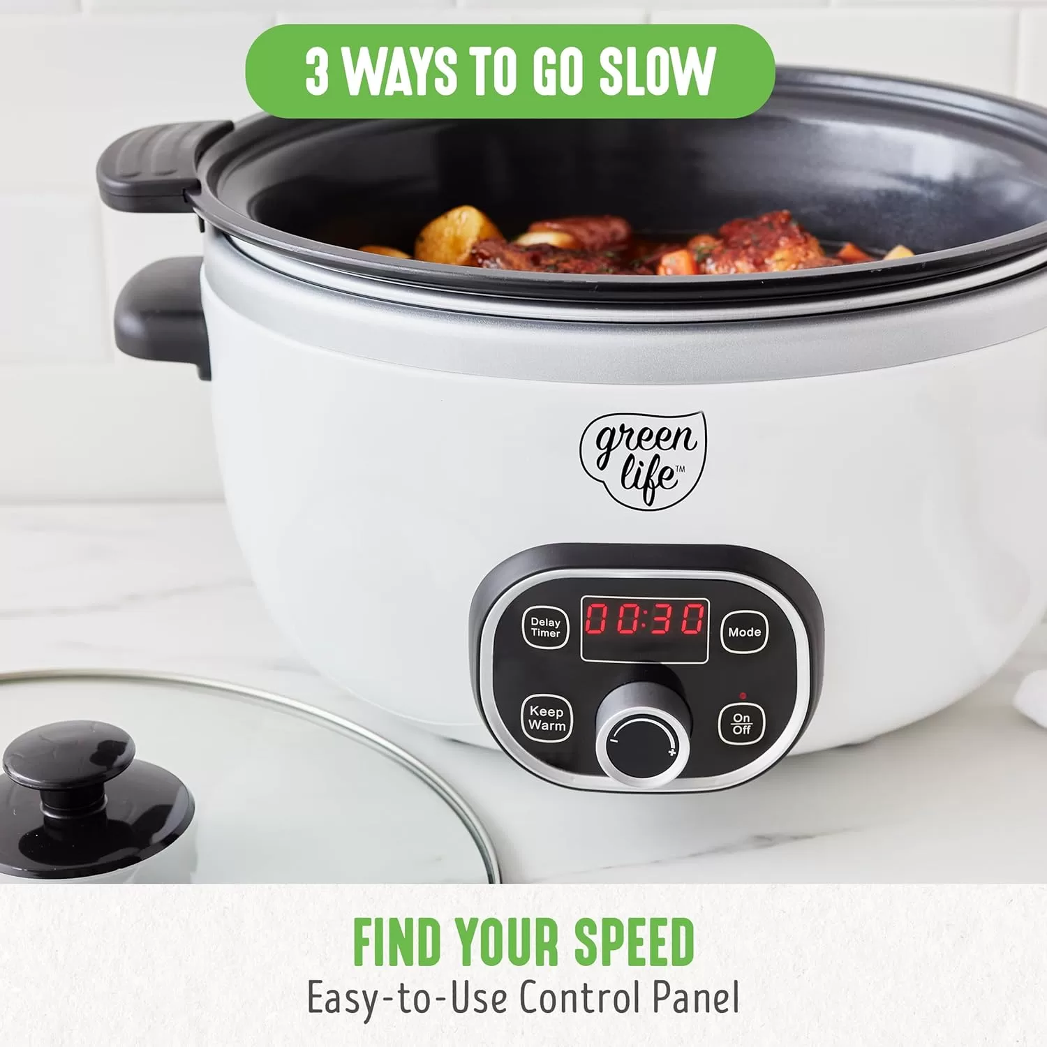 GreenLife Cook Duo Healthy Ceramic Nonstick Programmable 6 Quart Family-Sized Slow Cooker, White