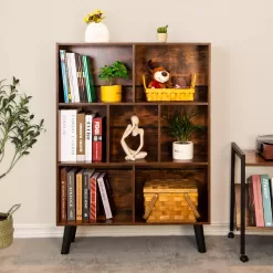 LEYAOYAO Cube Bookshelf 3 Tier Mid-Century Rustic Brown Modern Bookcase with Legs