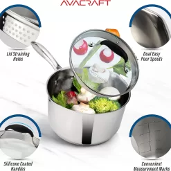 AVACRAFT Stainless Steel Saucepan with Glass Strainer Lid, Two Side Spouts for Easy Pour