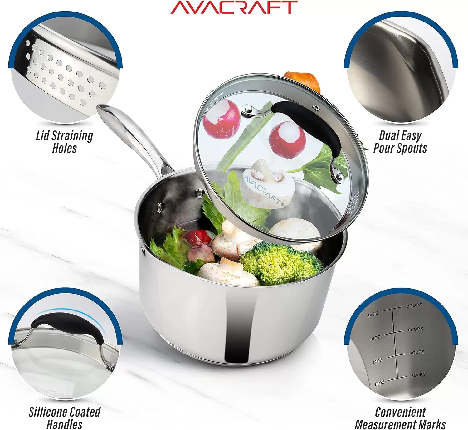 AVACRAFT Stainless Steel Saucepan with Glass Strainer Lid, Two Side Spouts for Easy Pour