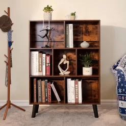 LEYAOYAO Cube Bookshelf 3 Tier Mid-Century Rustic Brown Modern Bookcase with Legs