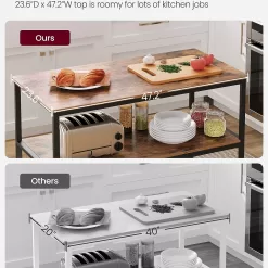 VASAGLE Kitchen Island with 3 Shelves, 47.2 Inches Kitchen Shelf with Large Worktop, Rustic Brown and Black UKKI01BX