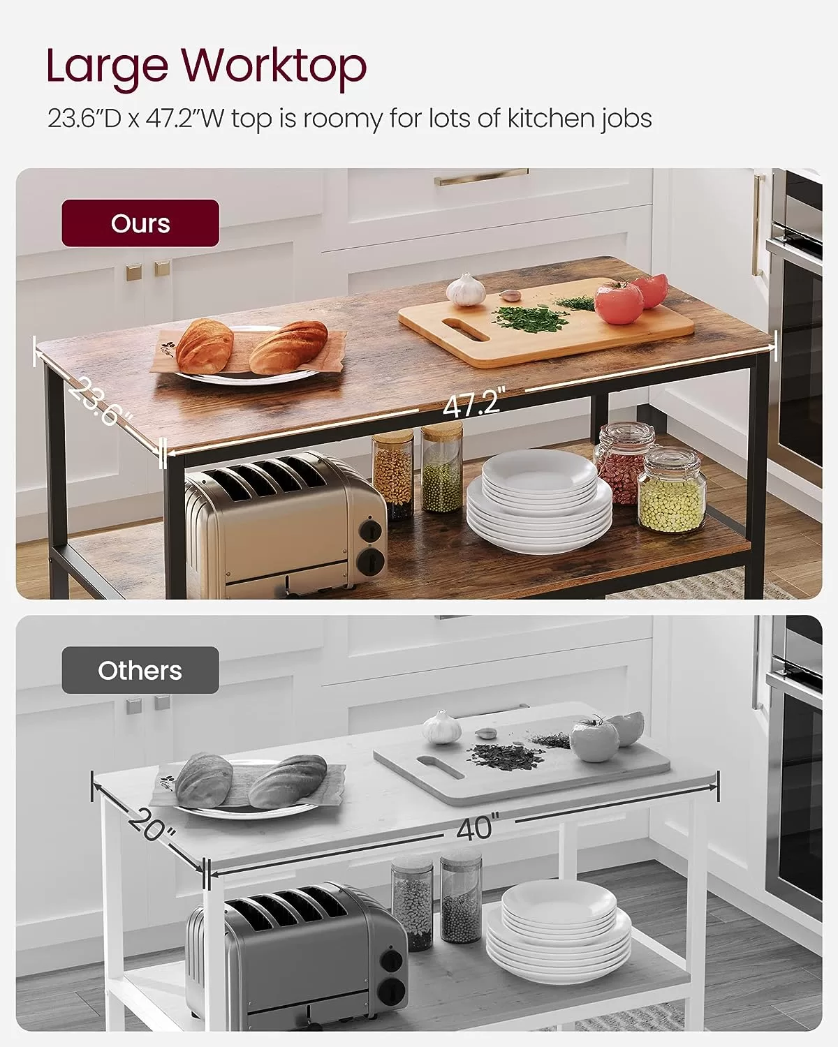 VASAGLE Kitchen Island with 3 Shelves, 47.2 Inches Kitchen Shelf with Large Worktop, Rustic Brown and Black UKKI01BX