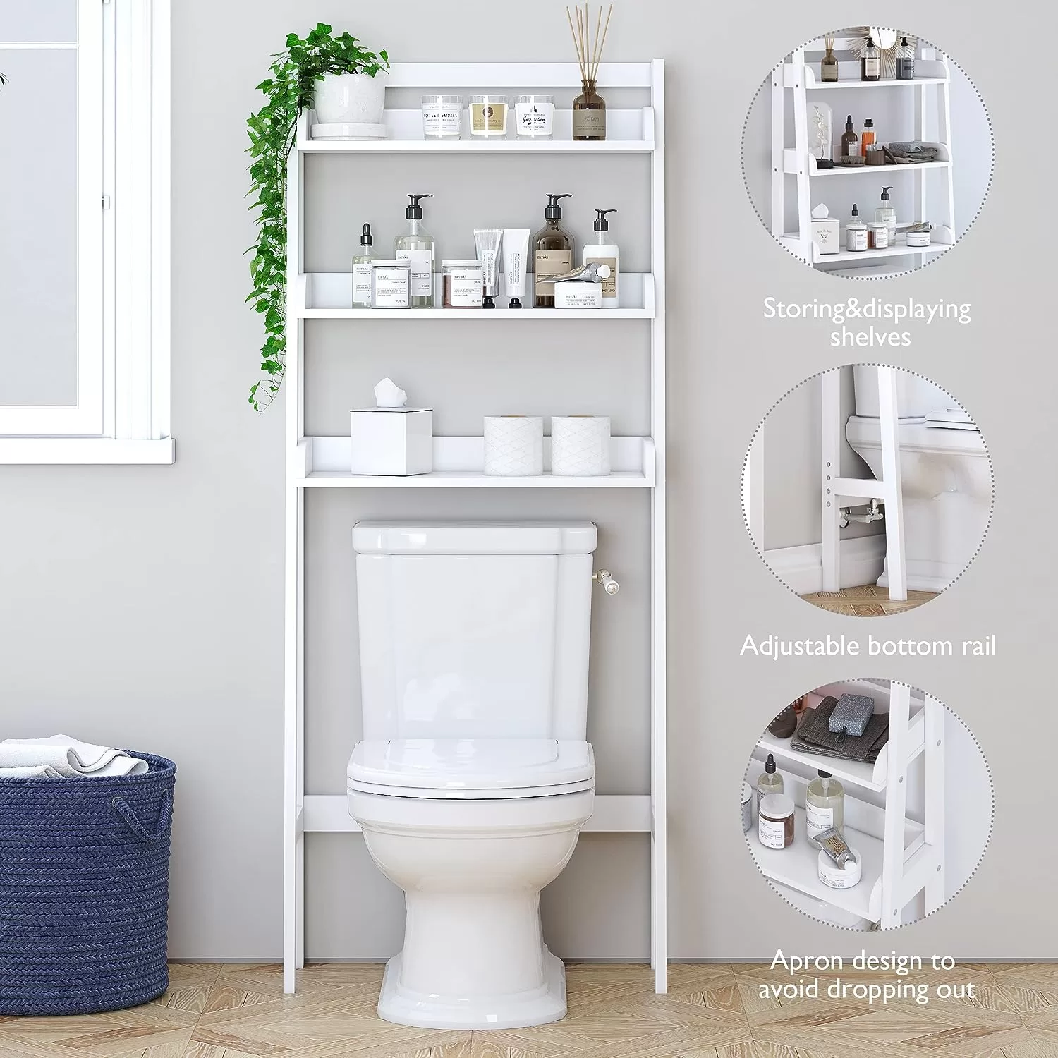 UTEX 3-Shelf Bathroom Organizer Over The Toilet, 3-Tier Shelf, Spacesaver (White)