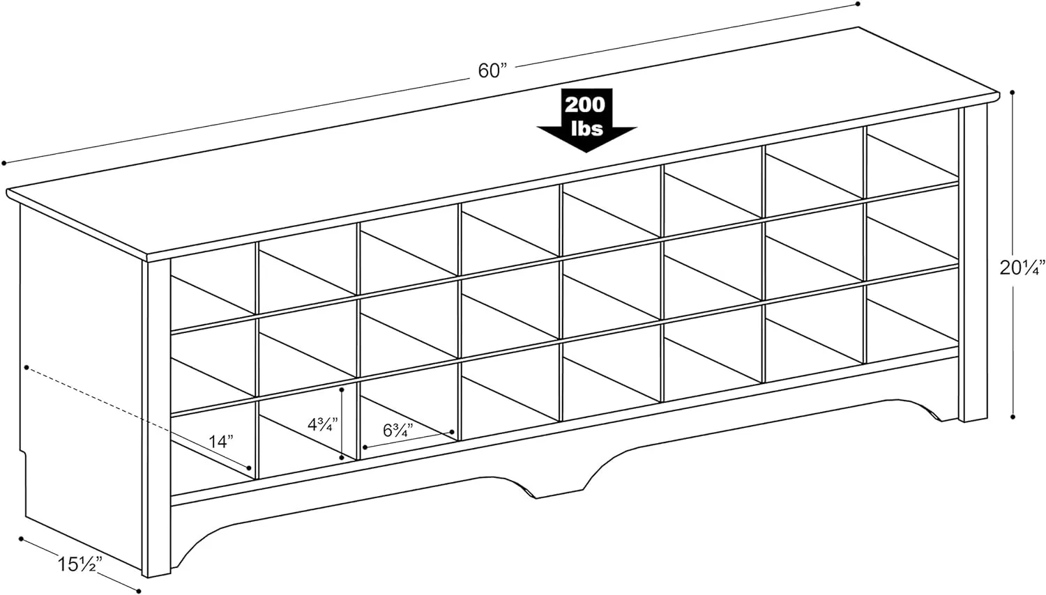 Prepac 24 Shoe Cubby Wide Hall Bench, 15.5" D x 60" W x 20.25" H, White