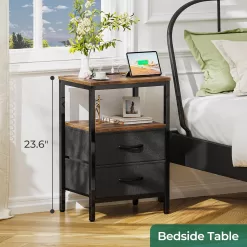 Huuger Nightstand with Charging Station, Side Table with Fabric Drawers, Rustic Brown