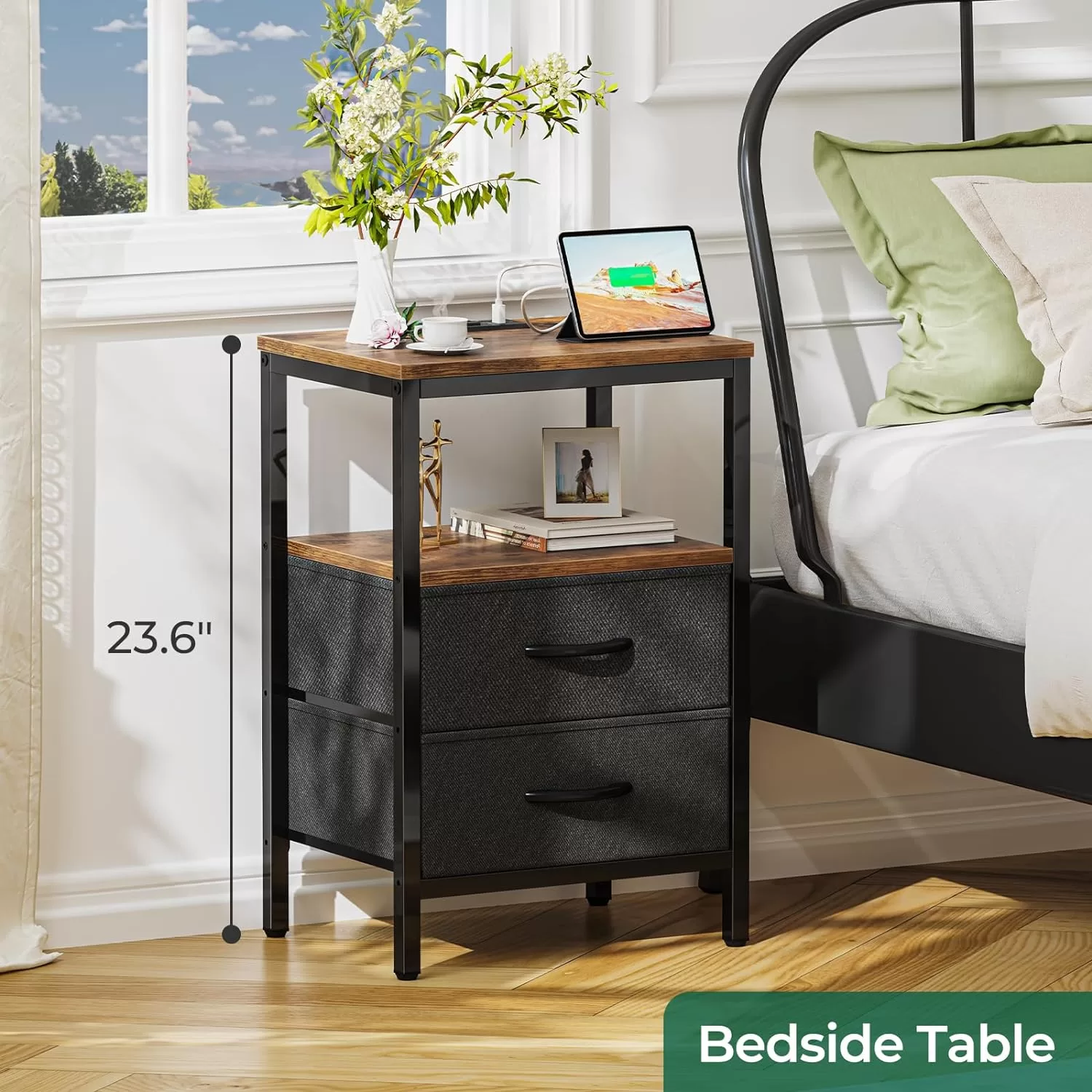 Huuger Nightstand with Charging Station, Side Table with Fabric Drawers, Rustic Brown