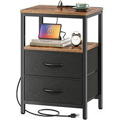 Huuger Nightstand with Charging Station, Side Table with Fabric Drawers, Rustic Brown
