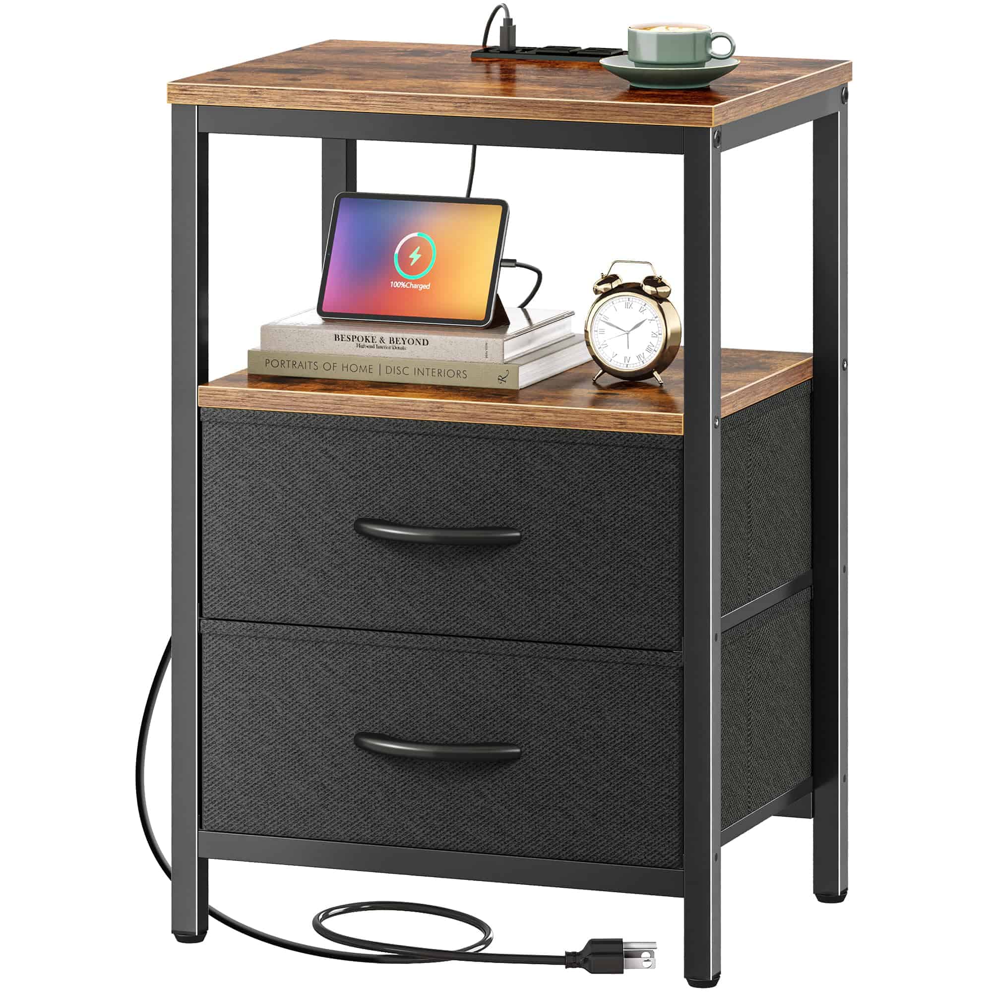 Huuger Nightstand with Charging Station, Side Table with Fabric Drawers, Rustic Brown