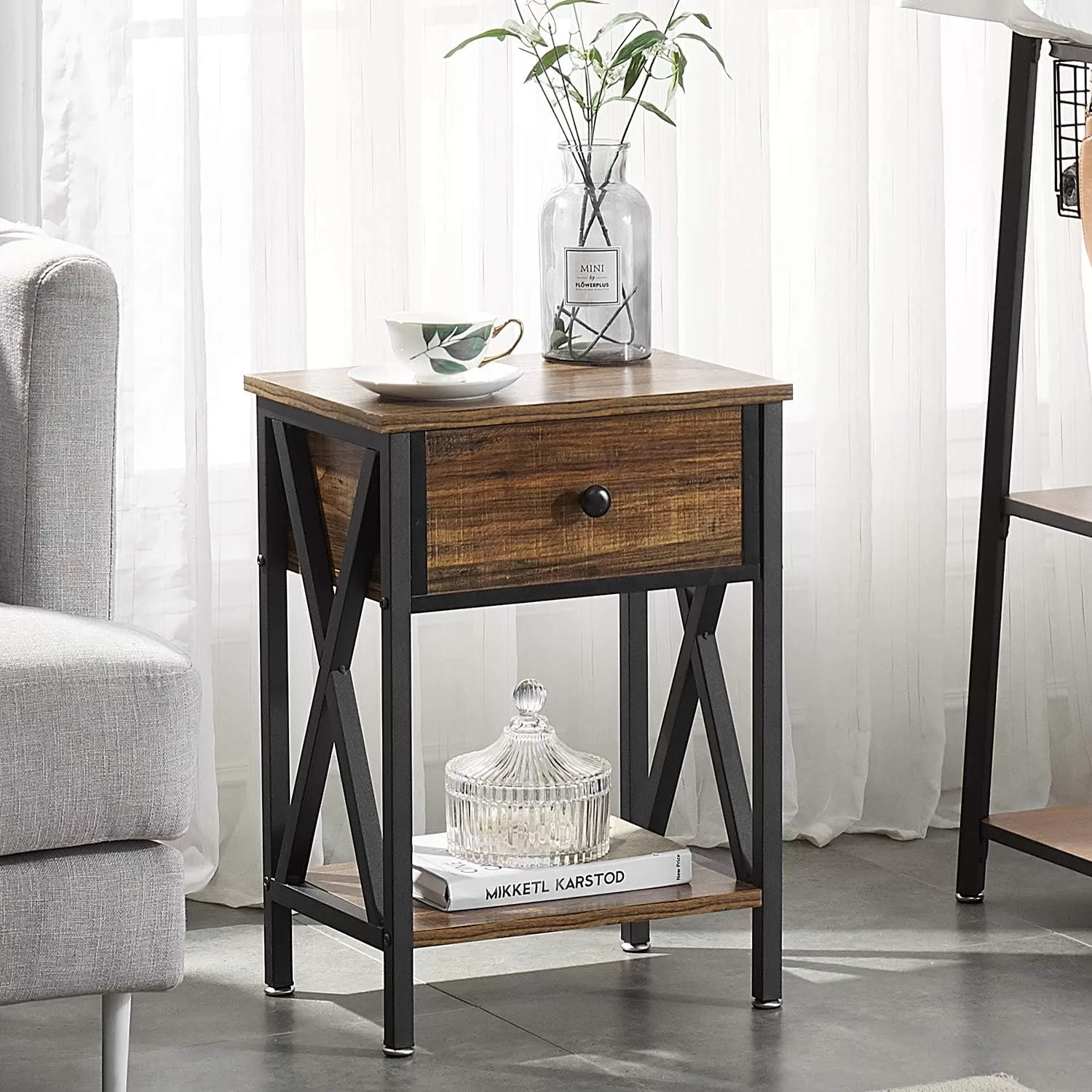 VECELO Night Stands for Bedroom Nightstand Bedside End Tables with Drawer Storage, (Set of 2), Rustic Brown