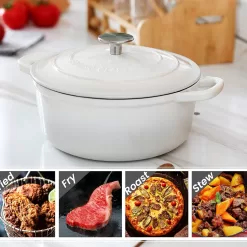 EDGING CASTING Enameled Cast Iron Covered 5.5 Quart Dutch Oven with Dual Handle, White