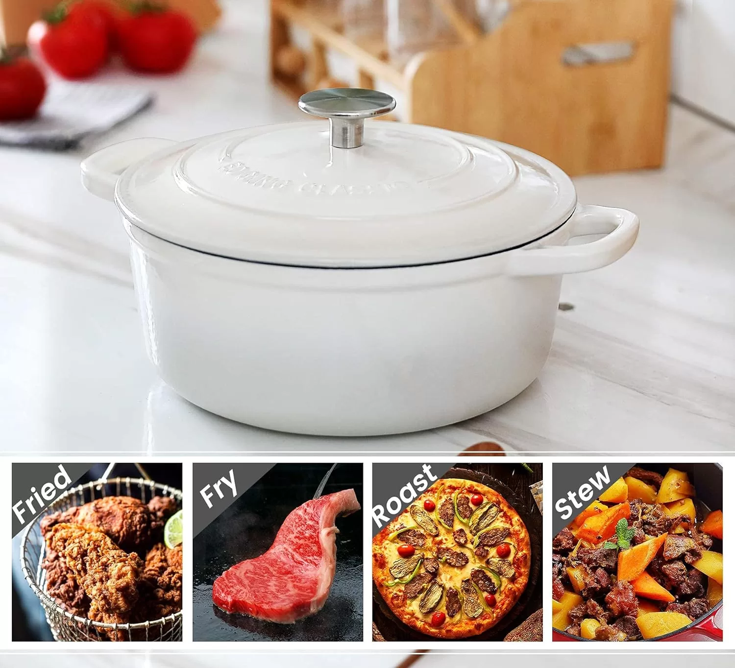 EDGING CASTING Enameled Cast Iron Covered 5.5 Quart Dutch Oven with Dual Handle, White