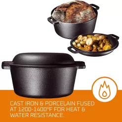 Bruntmor 2-in-1, 5 Quart Pre-seasoned Cast Iron Dutch Oven With Double Handles, 1.6 Quart Skillet