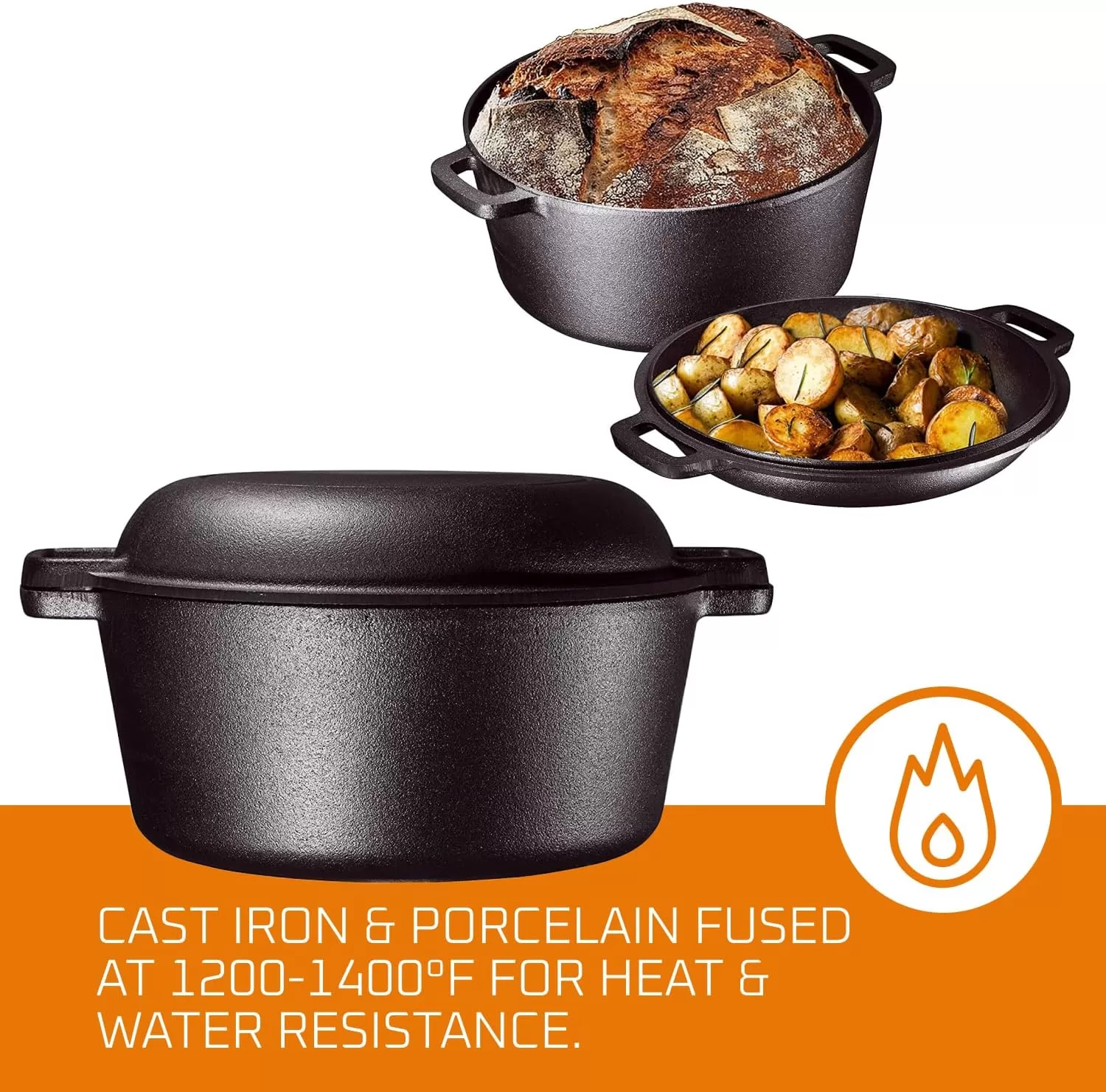 Bruntmor 2-in-1, 5 Quart Pre-seasoned Cast Iron Dutch Oven With Double Handles, 1.6 Quart Skillet