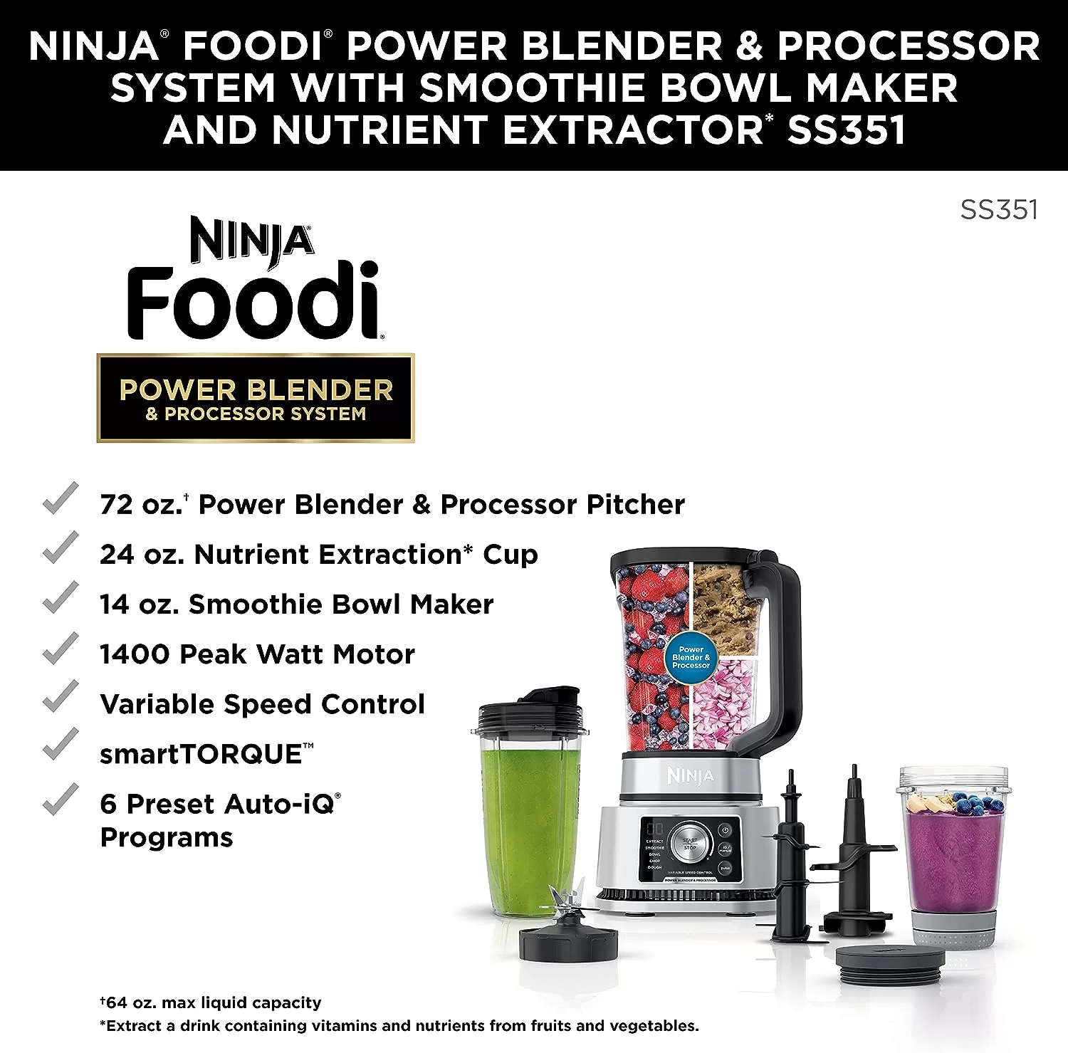 Ninja SS351 Foodi Power Blender & Processor System 1400 WP Smoothie Bowl Maker & Nutrient Extractor, Silver