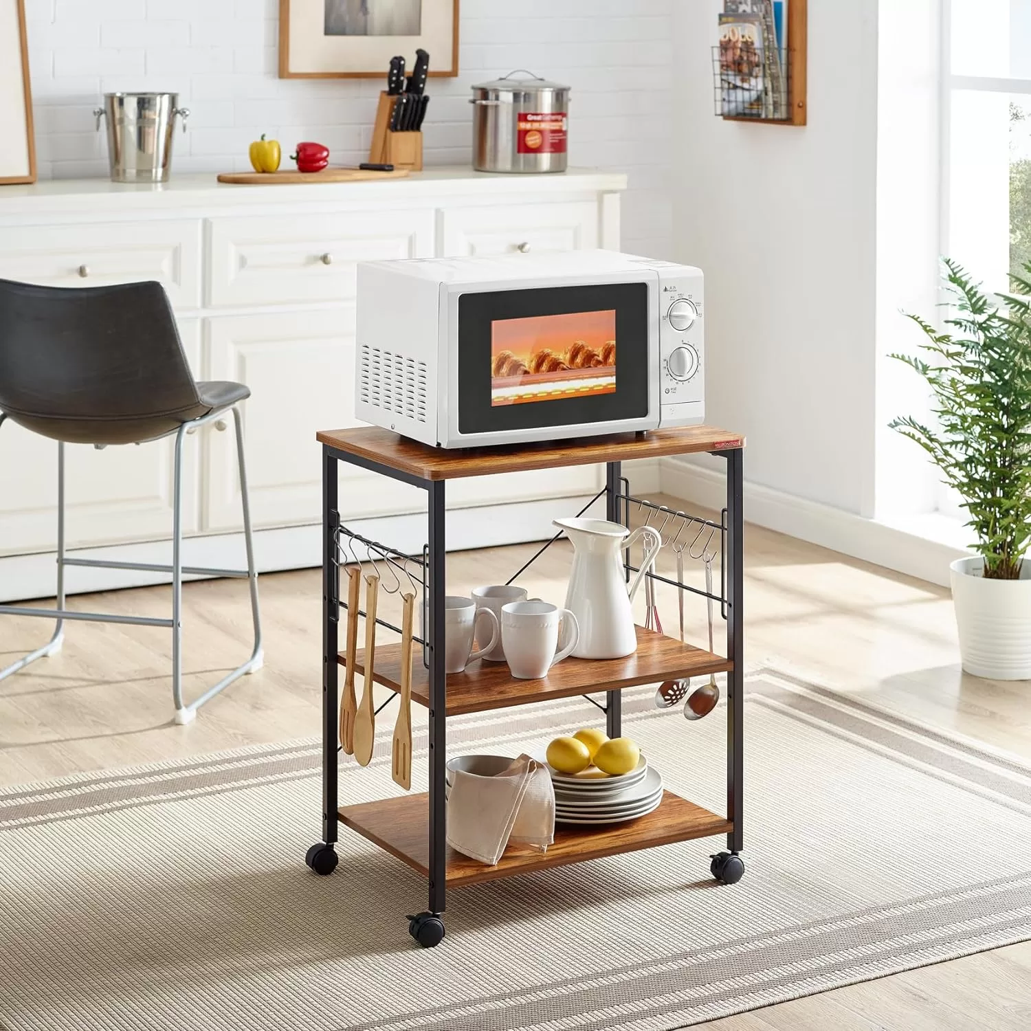 Mr Ironstone Kitchen Stand Microwave Cart 23.7'' for Small Space, Coffee Bar Table 3-Tier Rolling Utility Microwave Oven Rack on Wheels, Vintage
