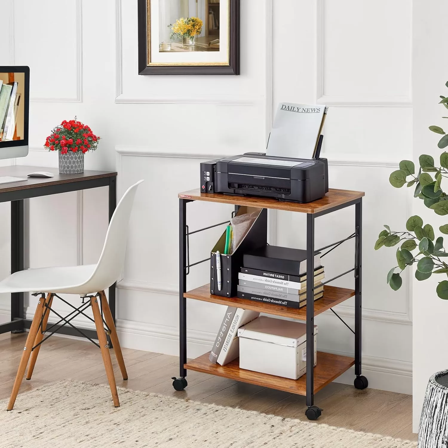 Mr Ironstone Kitchen Stand Microwave Cart 23.7'' for Small Space, Coffee Bar Table 3-Tier Rolling Utility Microwave Oven Rack on Wheels, Vintage