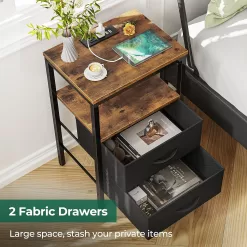 Huuger Nightstand with Charging Station, Side Table with Fabric Drawers, Rustic Brown