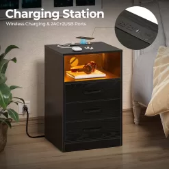 Seventable Nightstand with Wireless Charging Station and LED Lights, Black
