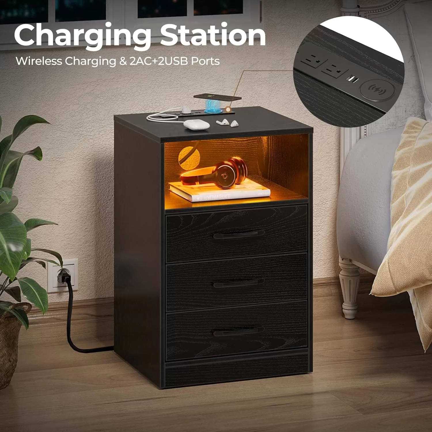Seventable Nightstand with Wireless Charging Station and LED Lights, Black
