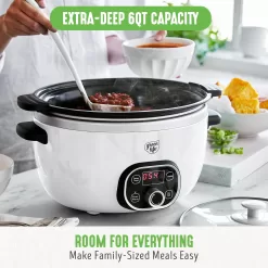 GreenLife Cook Duo Healthy Ceramic Nonstick Programmable 6 Quart Family-Sized Slow Cooker, White