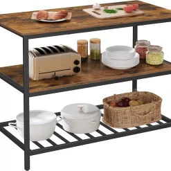 VASAGLE Kitchen Island with 3 Shelves, 47.2 Inches Kitchen Shelf with Large Worktop, Rustic Brown and Black UKKI01BX