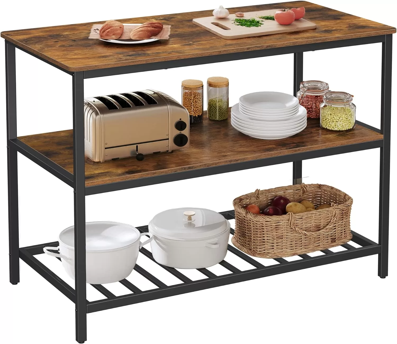 VASAGLE Kitchen Island with 3 Shelves, 47.2 Inches Kitchen Shelf with Large Worktop, Rustic Brown and Black UKKI01BX