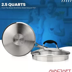 AVACRAFT Stainless Steel Saucepan with Glass Strainer Lid, Two Side Spouts for Easy Pour