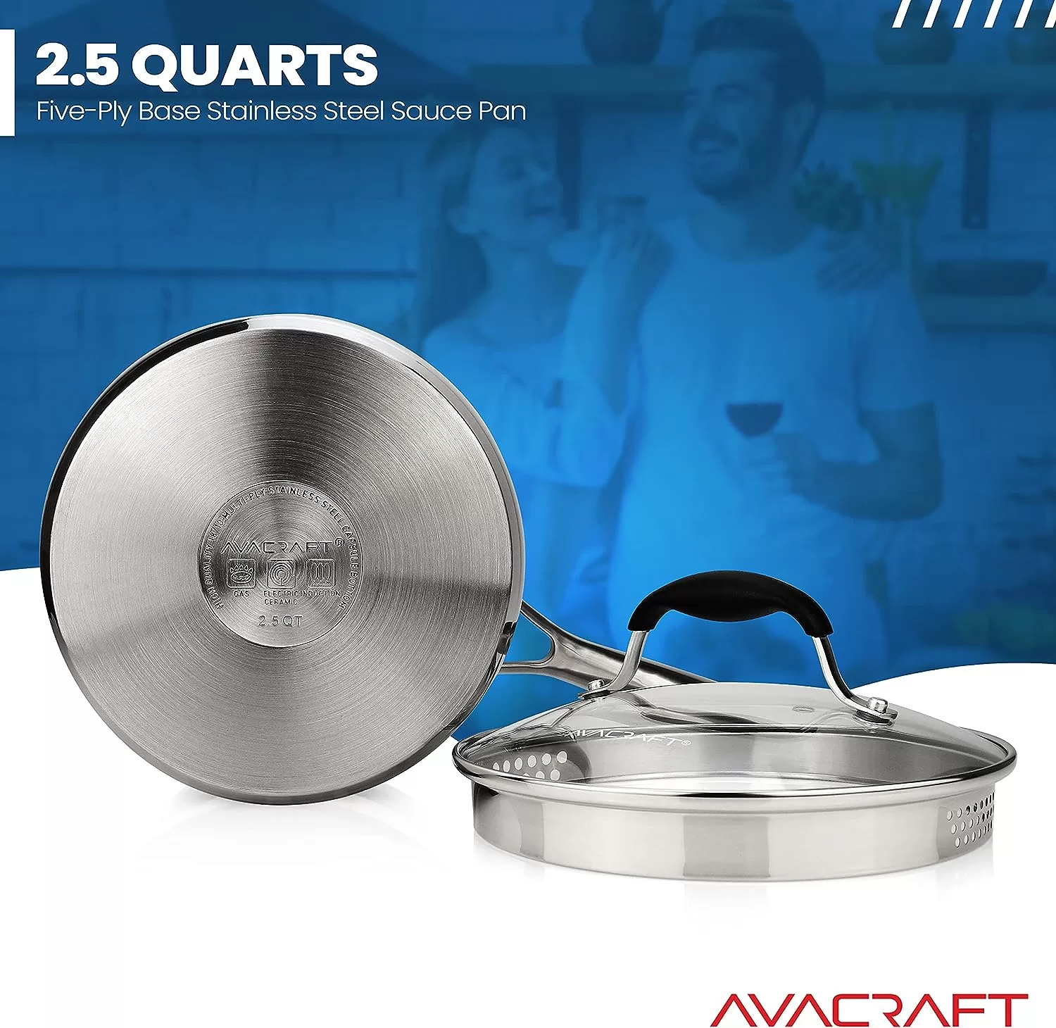 AVACRAFT Stainless Steel Saucepan with Glass Strainer Lid, Two Side Spouts for Easy Pour