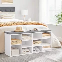 VASAGLE Shoe Bench with Cushion, Storage Bench with Padded Seat, Entryway Bench, White and Gray ULHS10WT