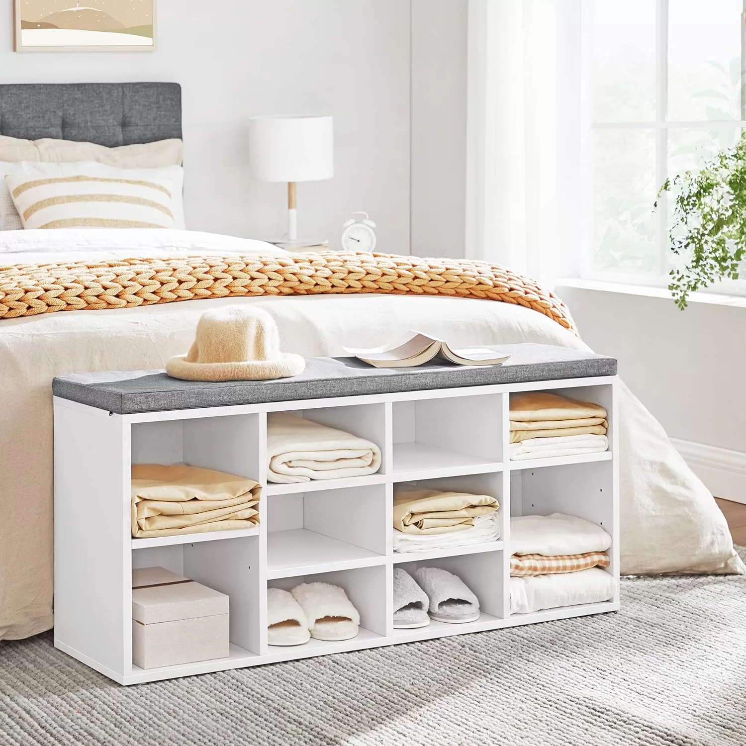 VASAGLE Shoe Bench with Cushion, Storage Bench with Padded Seat, Entryway Bench, White and Gray ULHS10WT
